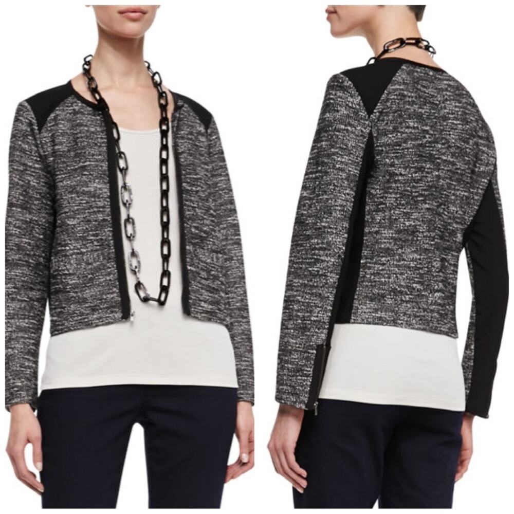 Eileen Fisher Women's Tweedy Zip-Front Short Round Neck Black Jacket‎ Size XL